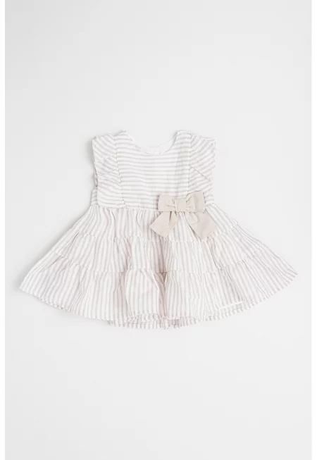 Разкроена рокля от лен и памук с панделка - Мръснобял/Светло бежово