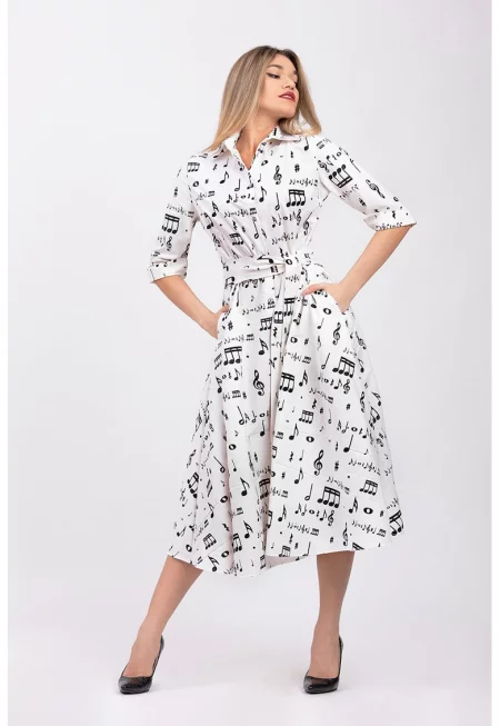 Разкроена рокля-риза с колан - Черен/Бял