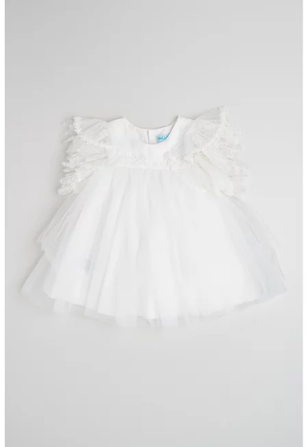 Разкроена рокля с дипли - Бял/Мръснобял