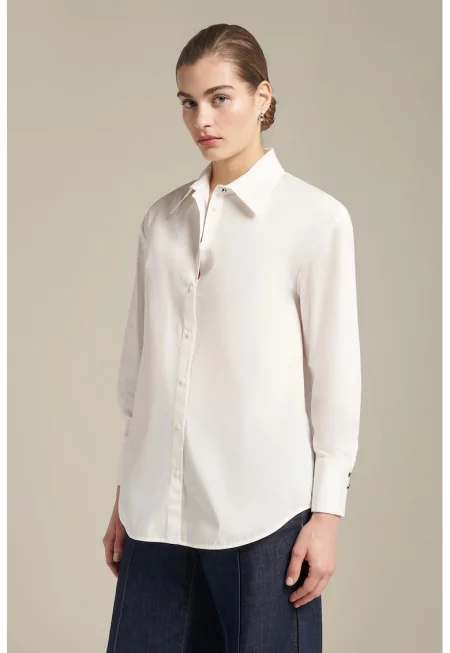Риза с памук с паднали ръкави - Мръснобял