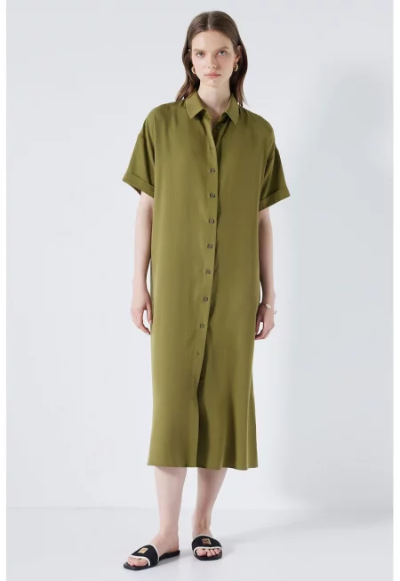 Рокля от лиосел с паднали ръкави - Маслинено зелено