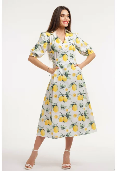 Рокля с шпиц - Зелен/Жълт/Мръснобял