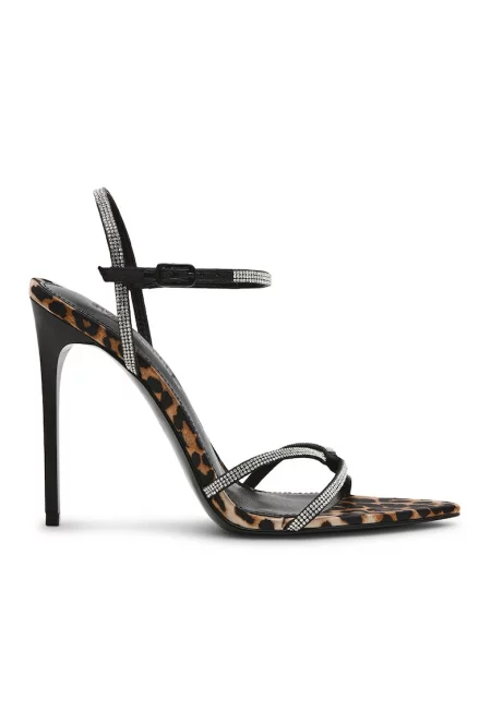 Сандали стилето с декоративни камъни и принт - Тъмнокафяв/Светлокафяв/Сребрист