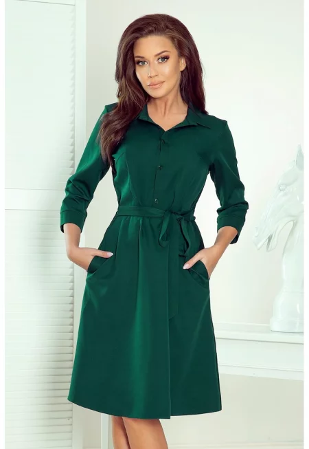 Широка рокля с яка - - Бутилково зелено