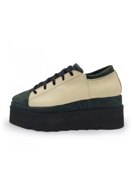 Скосени кежуъл обувки от кожа и велур - Тъмнозелен/Светло бежово