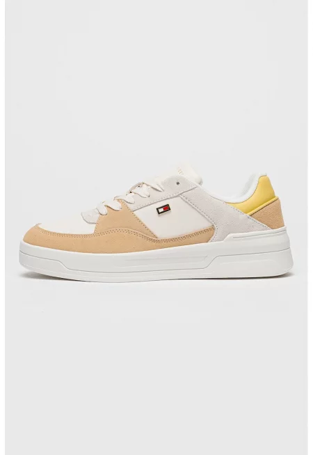 Спортни обувки с равна платформа и кожа - Бял/Жълт/Бежов