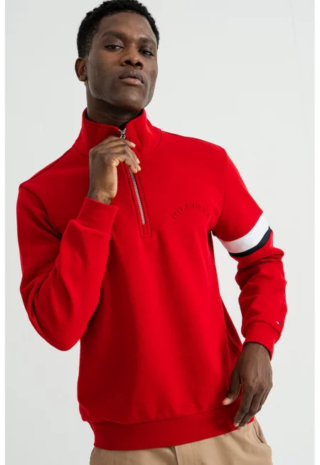 Суитшърт с памук с къс цип - Аленочервен