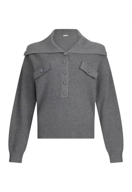 Свободен пуловер с уголемена яка - Сив