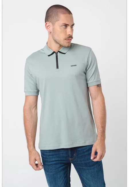 Тениска Dalomino с яка и къс цип - Бледозелен