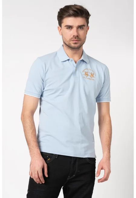 Тениска от пике с яка и бродирано лого - Небесносин