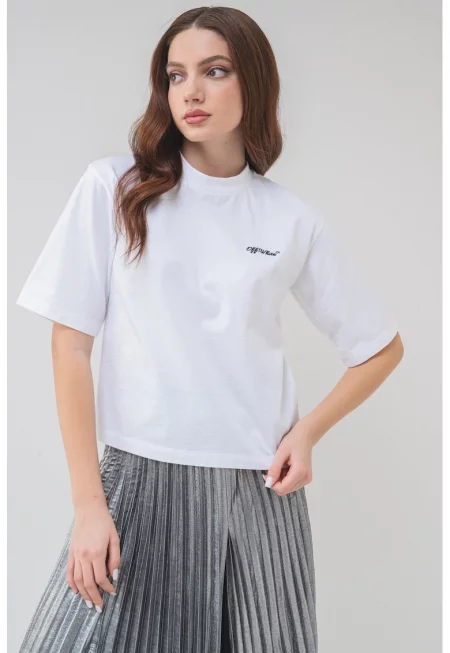 Тениска с овално деколте и бродиран надпис - Избеляло черно/Бял