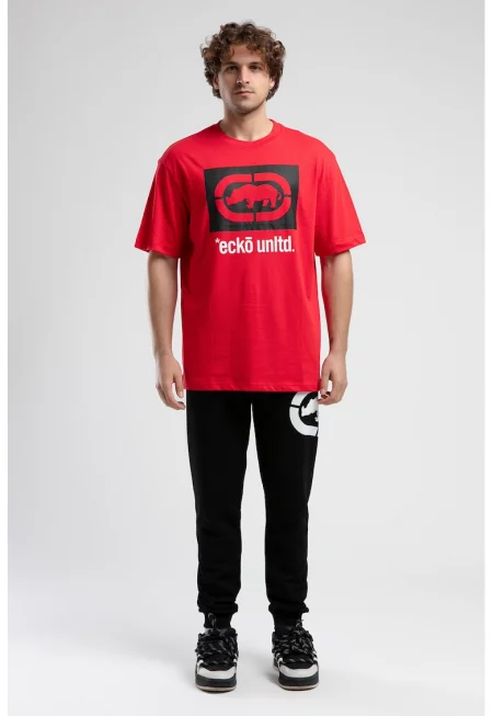 Тениска с овално деколте и лого - Червен/Бял/Избеляло черно