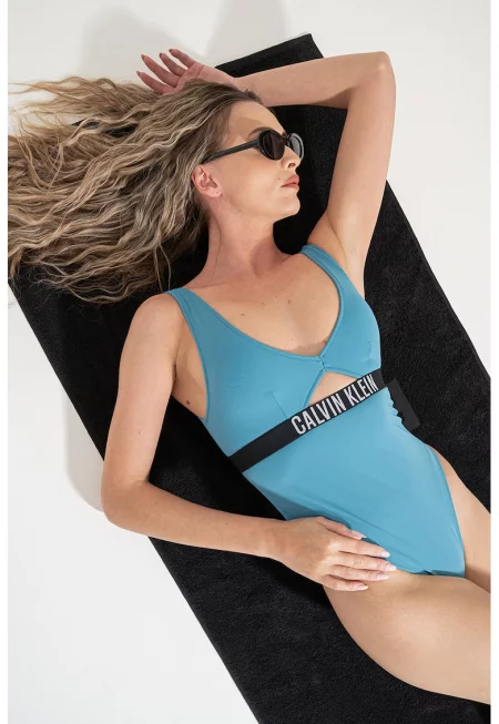 Цял бански с лого - Петролно синьо