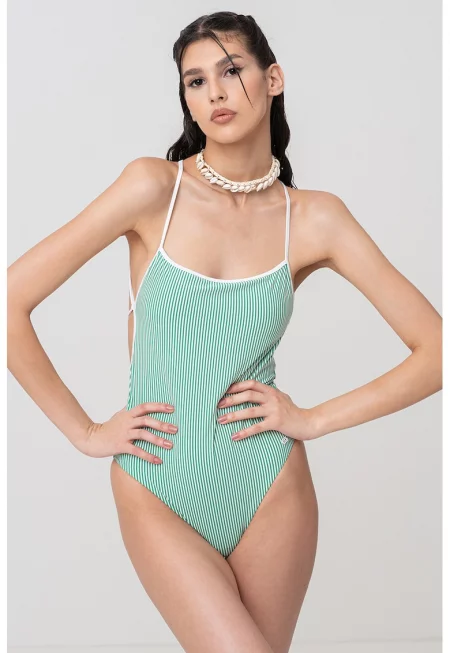 Цял бански с райе - Бял/Зелен