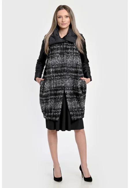 Вълнено палто Iza с принт и джобове встрани - Черен/Сив