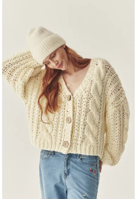 Жилетка с вълна с едра плетка - Крем