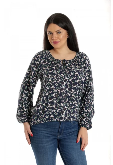 888141926-Дамска блуза тип IE - тъмносиня с щампа на цветя