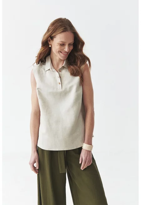 Блуза без ръкави с лен с яка - Бежов