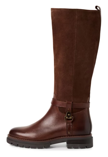 Ботуши до коляното от кожа и велур - Коняк кафяв