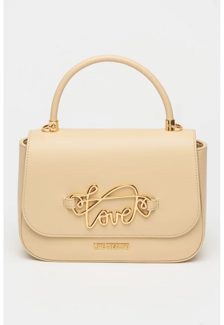 Чанта през рамо от еко кожа с метално лого - Светло бежово