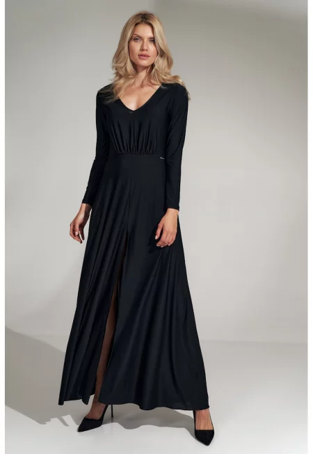 Черна - елегантна рокля с цепка от полиестер и еластан