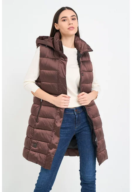 Дълъг подплатен елек с качулка - Тъмнокафяв