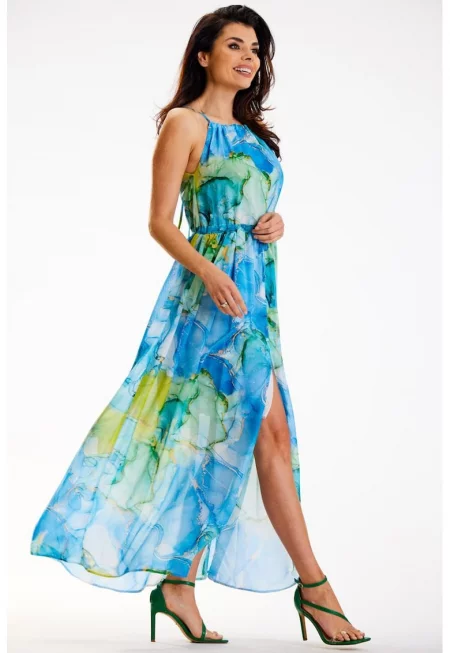 Дълга флорална рокля без ръкави A506