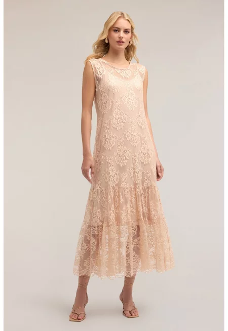 Дълга флорална рокля с надиплен подгъв - Бежов