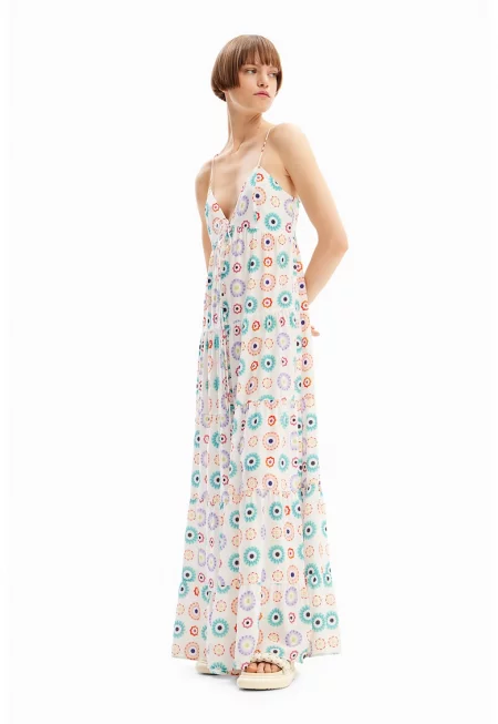 Дълга рокля с принт - Слонова кост/Виолетов/Тюркоаз