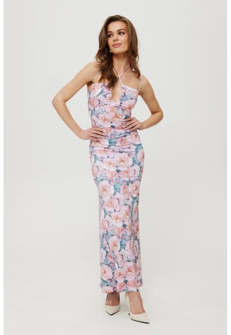 Дамска макси рокля с щампа и връзка на врата - полиестер - M червено