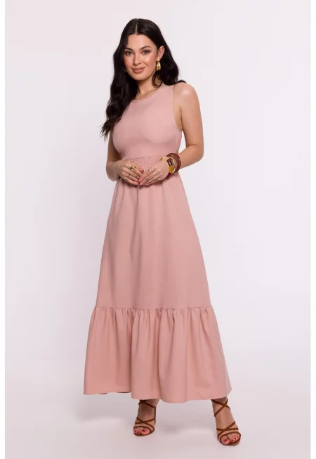Дамска рокля - с гумен колан и връзка отзад - полиестер - червена - Бежов