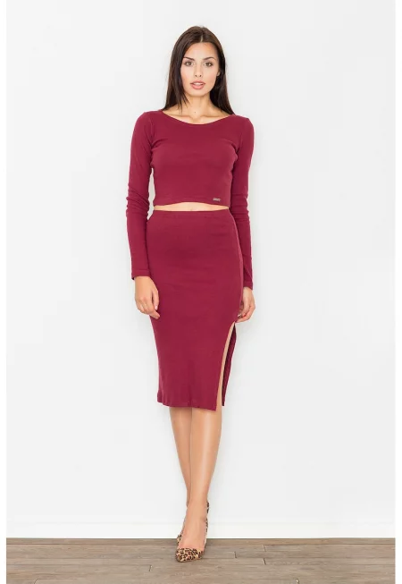 Елегантен бордо комплект  M484 с кроп топ и пола - изработен от памук - удобен и модерен