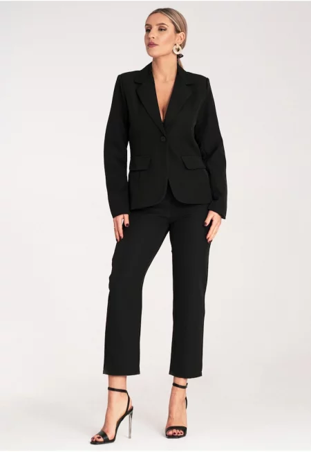 Елегантен дамски комплект -  яке и панталон - черен - полиестер и еластан - SM