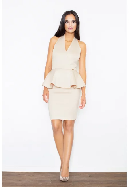 Елегантна рокля  M368 - без ръкави - V-образно деколте - бежова - полиестер