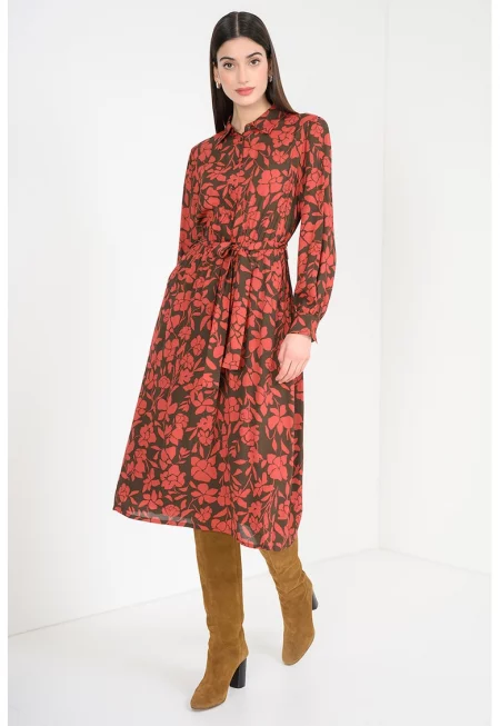 Флорална рокля с класическа яка - Тъмночервен/Избеляло черно