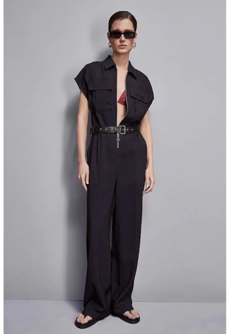 Гащеризон без ръкави - с ластик на талията и преден цип - Тъмносин