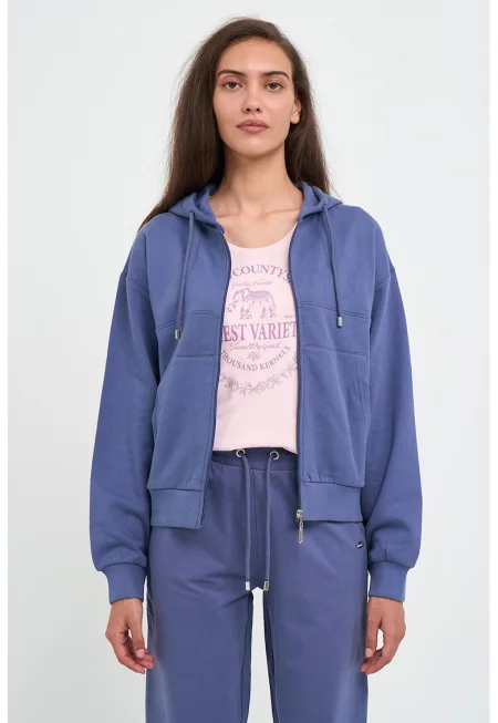 Худи с памучна материя - цип и паднали ръкави - Син