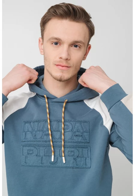 Худи с цветен блок и бродирано лого - Бял/Петролно синьо