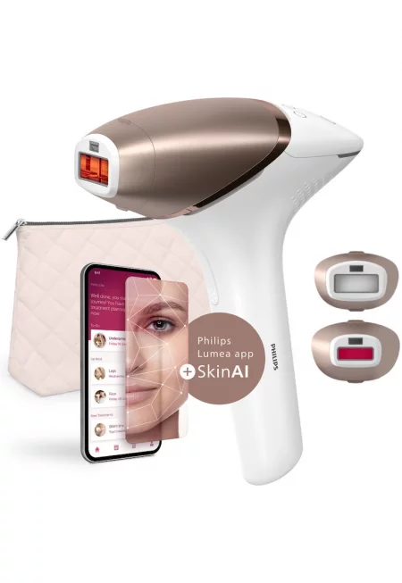 IPL епилатор  Lumea Series 9900 BRI950/01 - Сензор SmartSkin - Връзка с приложението с функцията Skin AI - Използване с или без кабели - 450 000 импулса - Аксесоари: ...