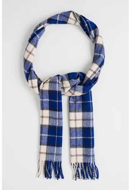 Кариран шал от мериносова вълна - Тъмносин/Светло бежово