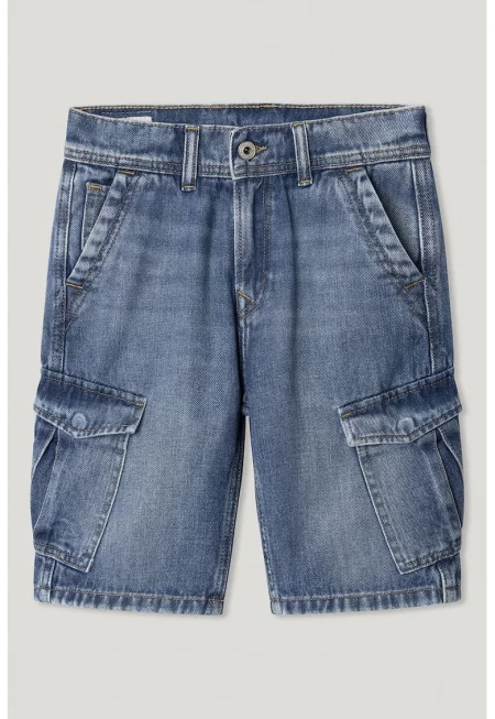 Къс панталон от деним с регулируема талия - Син меланж