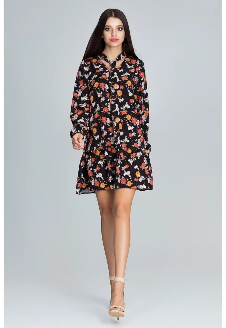 Къса рокля  M599 - флорален принт - дълъг ръкав - многоцветна - полиестер