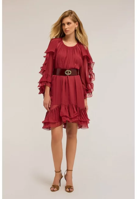 Къса рокля с овално деколте - Тъмночервен