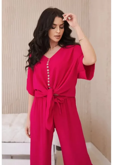 Комплект блуза с преден възел и панталон - Един размер