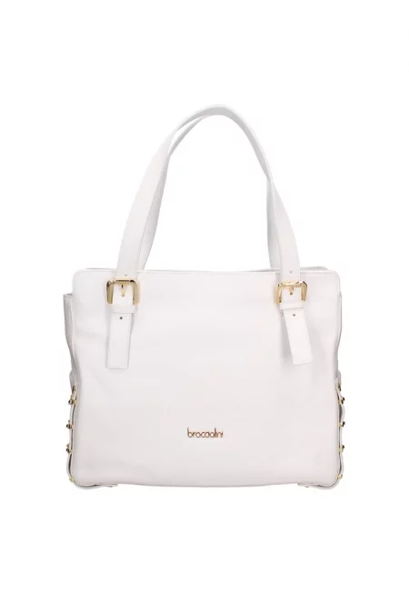 Кожена шопинг чанта с декоративни верижки - Бял