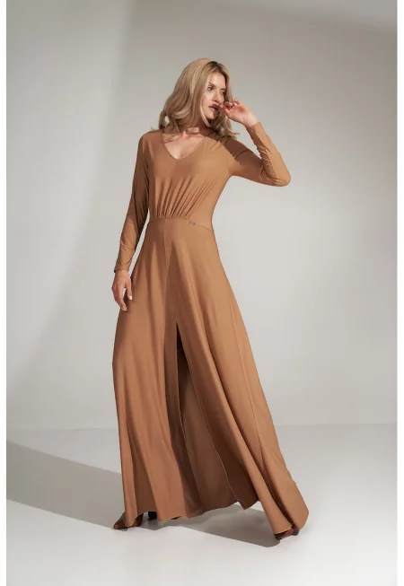 Макси рокля  елегантна - цепка - бежово - полиестер