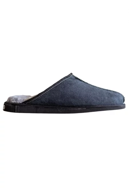 Мъжки чехли  естествена вълна - кожа - сини - гумена подметка - комплект за вътрешна и външна употреба -