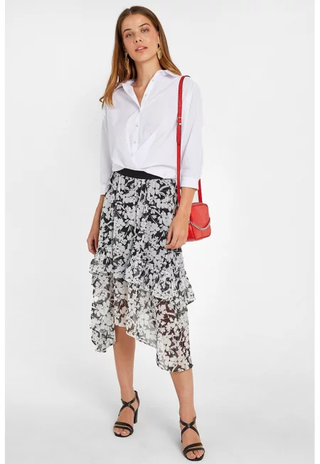 Миди пола с асиметрия и десен - Бял/Черен/Прозрачен