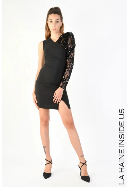 Мини рокля със страничен изрез и отделящ се топ - Черен