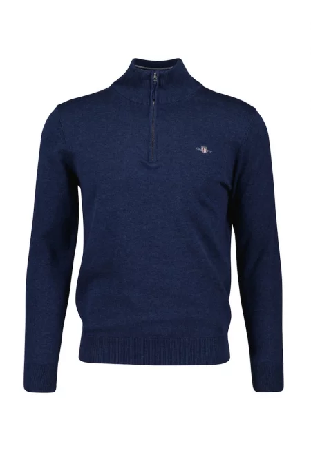 Памучен пуловер с къс цип - Син